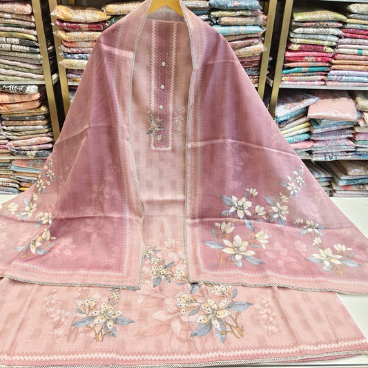 Onion Pink Stone Work Linen Suit
Designer Linen Unstitched Suit Set
Flower Print Linen Dress Material
Stone Work Linen Suit with Dupatta
Festive Wear Onion Pink Linen Suit