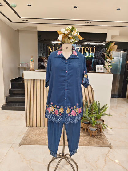 Navy Blue Muslin Co-Ord Set
Resham Work Co Ord Set
Designer Muslin Pant Set
Women Ethnic Co Ord Outfit
Stylish Navy Blue Co Ord Set