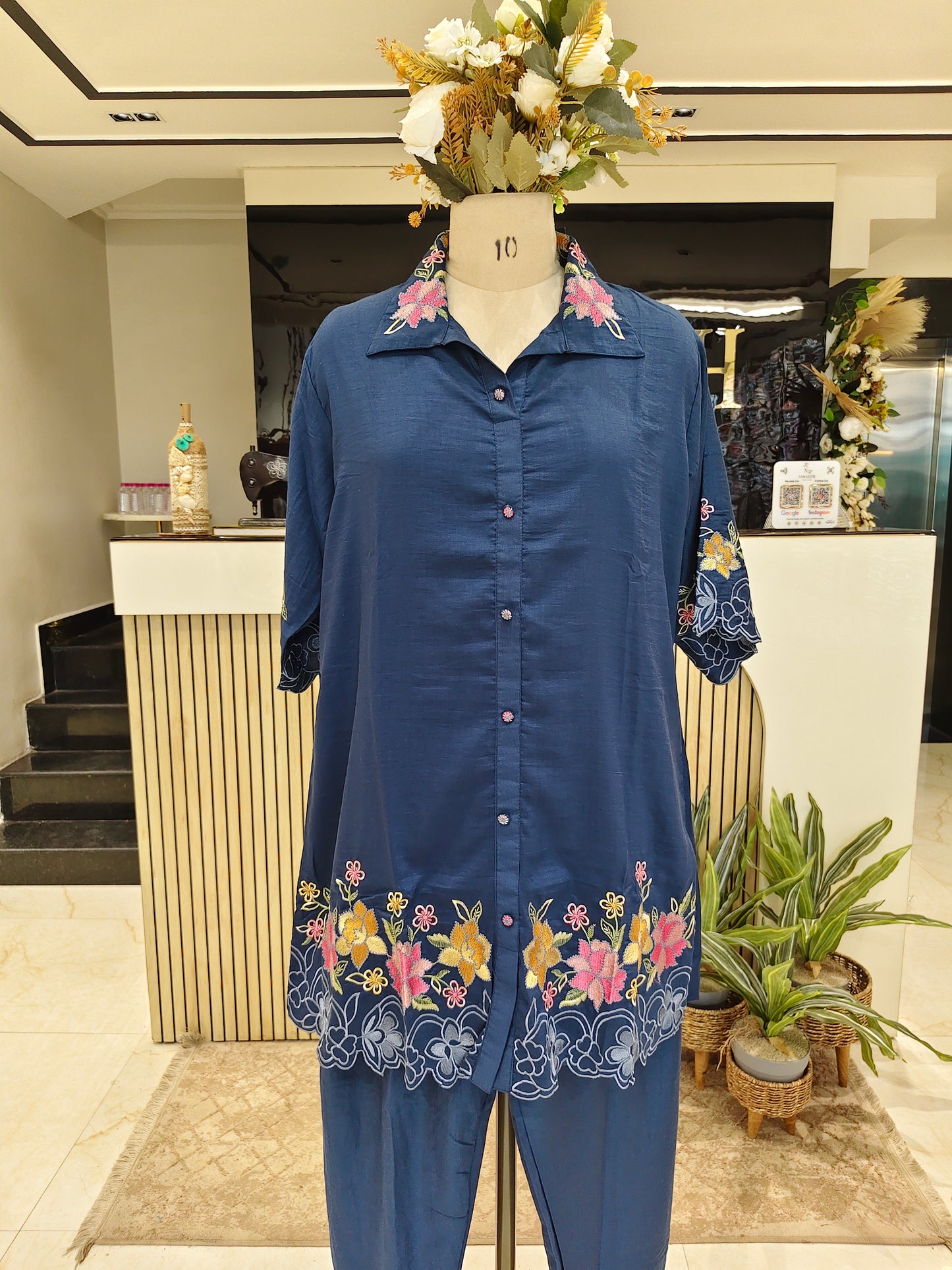 Navy Blue Muslin Co-Ord Set with Resham Work