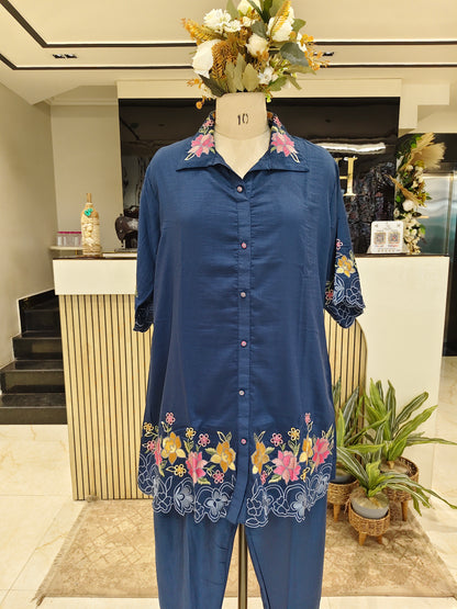 Navy Blue Muslin Co-Ord Set with Resham Work