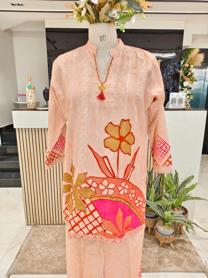Peach Cotton Printed Co-Ord Set with Palazzo