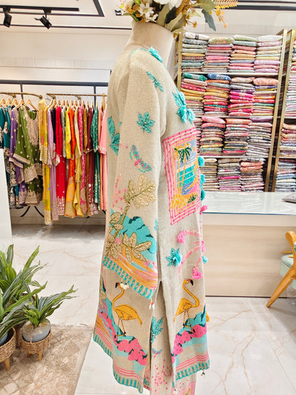 Beige Jute Multi Print Co-Ord Set with Poth Work