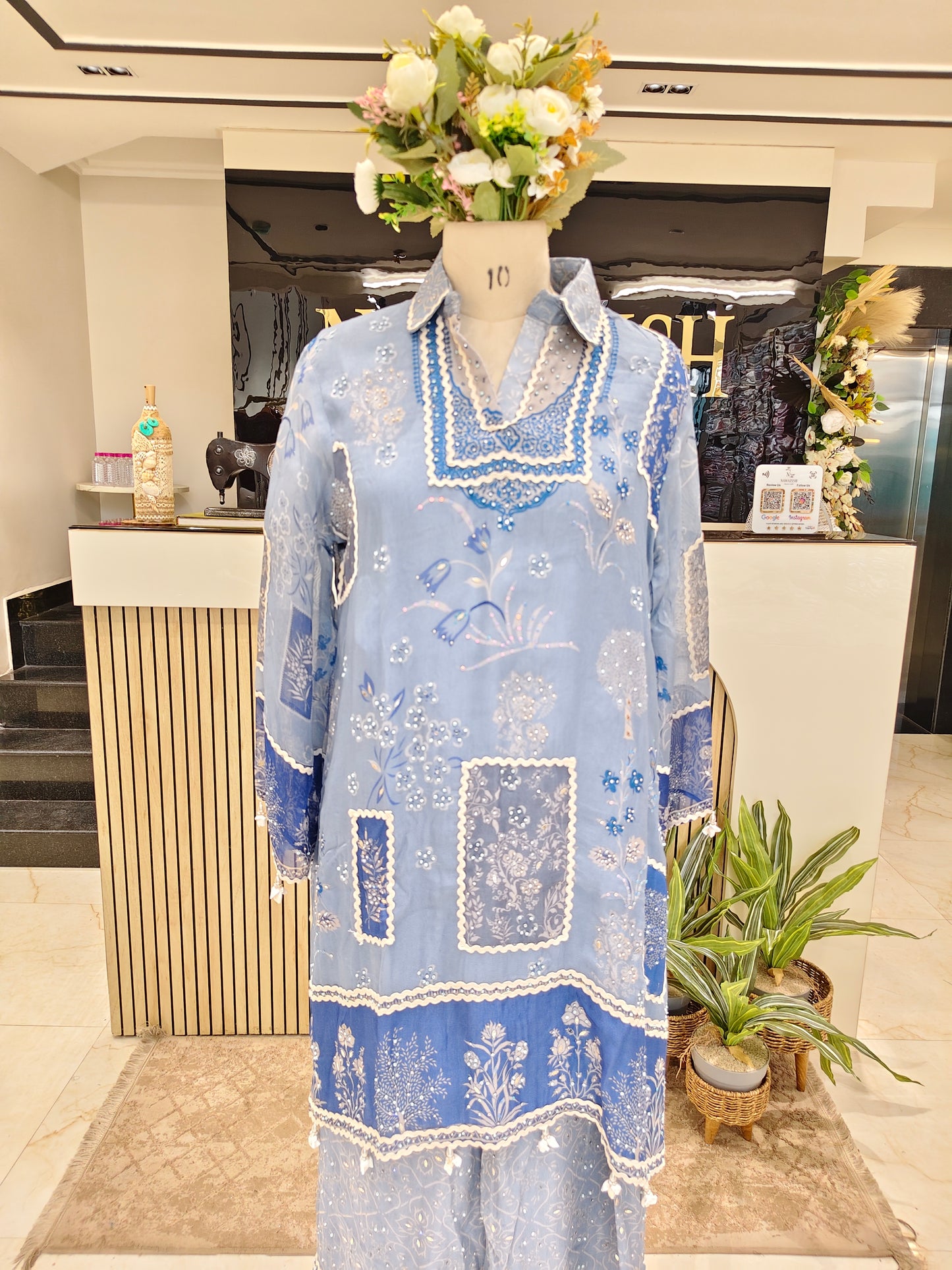 Blue Georgette Cutdana Co-Ord Set