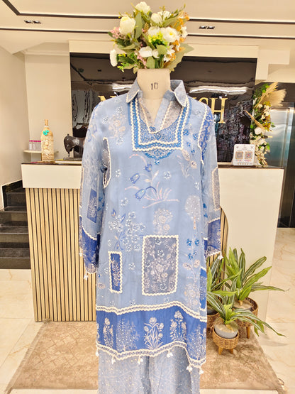 Blue Georgette Cutdana Co-Ord Set
