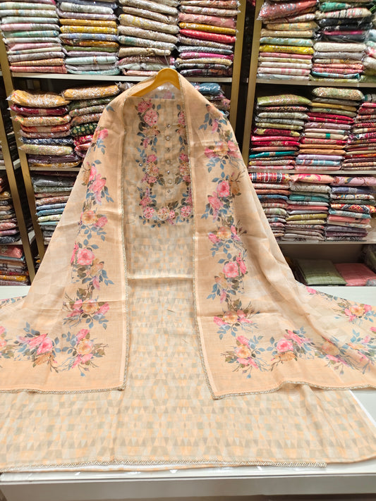Peach Linen Unstitched Suit
Flower Print Linen Suit Set
Dori Work Designer Suit
Stone Work Linen Dress Material
Peach Floral Dupatta Suit