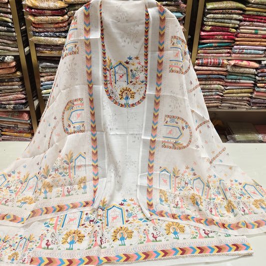 Off White Linen Unstitched Suit
Birds Motif Linen Suit Set
Printed Linen Dress Material
Designer Cotton Bottom Suit
Floral Dupatta Linen Suit