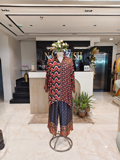 Black Modal Satin Co-Ord Set
Ajrakh Print Palazzo Co Ord Set
Designer Ethnic Co Ord Outfit
Women Black Party Wear Set
Collar Work Ajrakh Co Ord Set