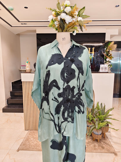 Sea Green Crape Floral Co-Ord Set with Handwork