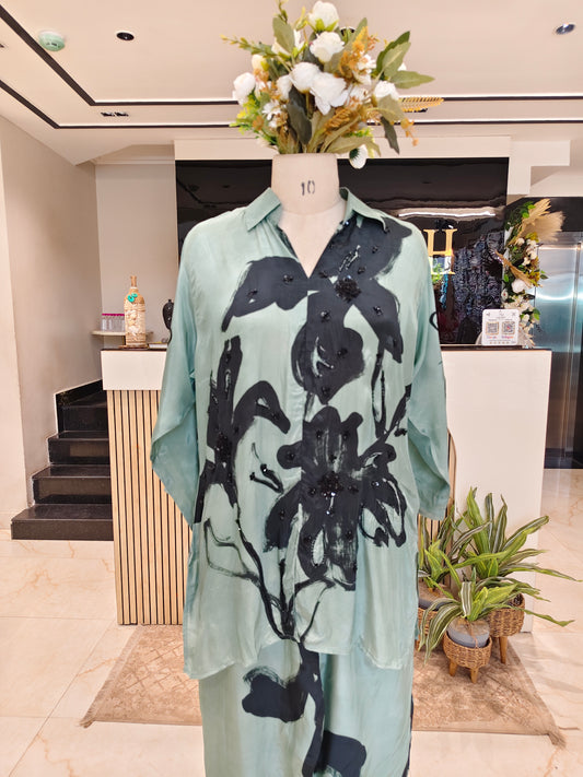 Sea Green Crape Floral Co-Ord Set with Handwork