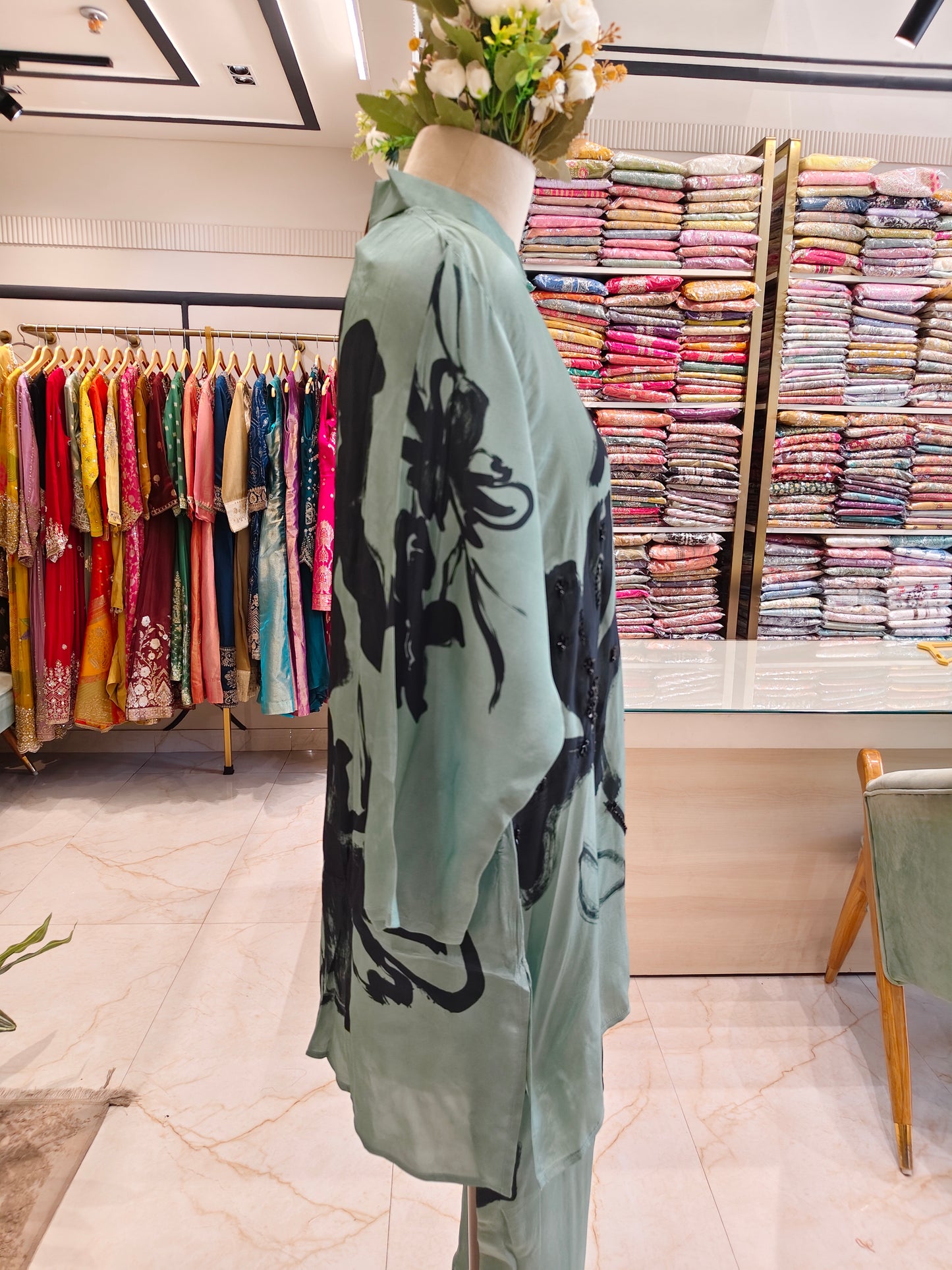 Sea Green Crape Floral Co-Ord Set with Handwork