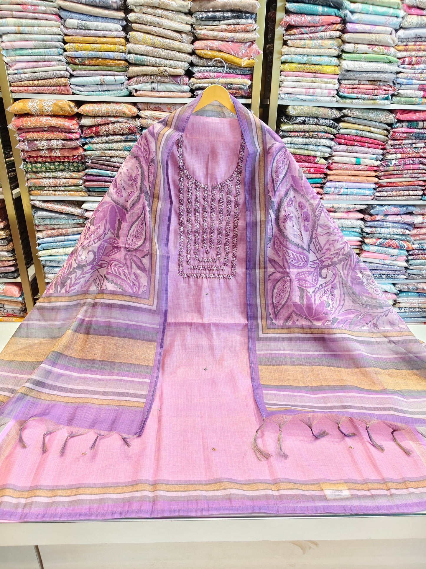 Linen Unstitched Suit with Knot Work Neck
