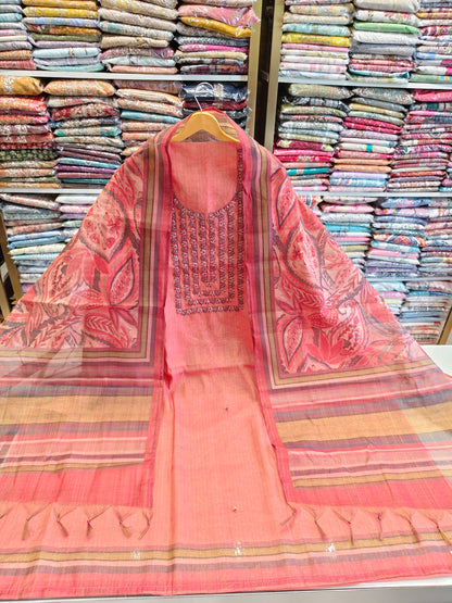 Linen Unstitched Suit with Knot Work Neck