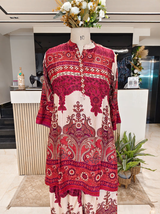 Fawn Muslin Printed Co-Ord Set with Plazzo