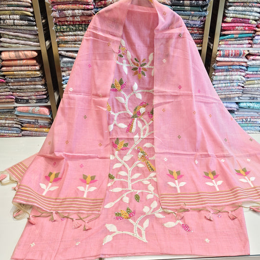 Peach Chanderi Unstitched Suit
Birds Motif Chanderi Suit Set
Knot Work Designer Dress Material
Chanderi Suit with Weaving Dupatta
Santoon Bottom Chanderi Suit