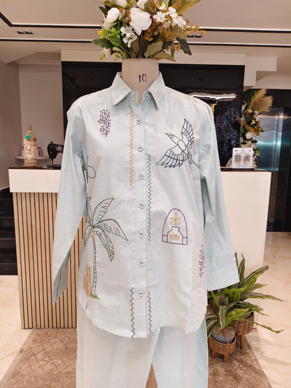 Light Green Cotton Co-Ord Set with Bird & Tree Motifs