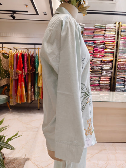 Light Green Cotton Co-Ord Set with Bird & Tree Motifs