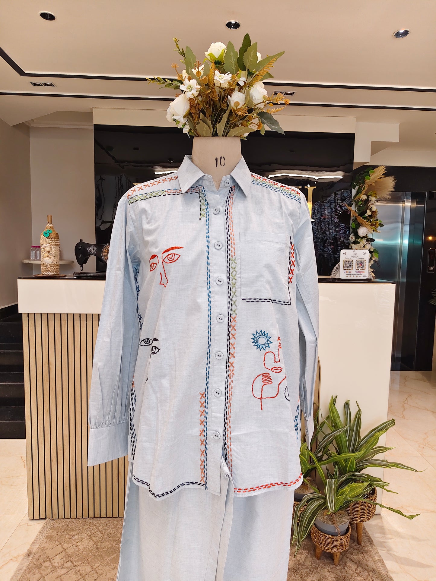 Sky Blue Cotton Co-Ord Set with Thread Work