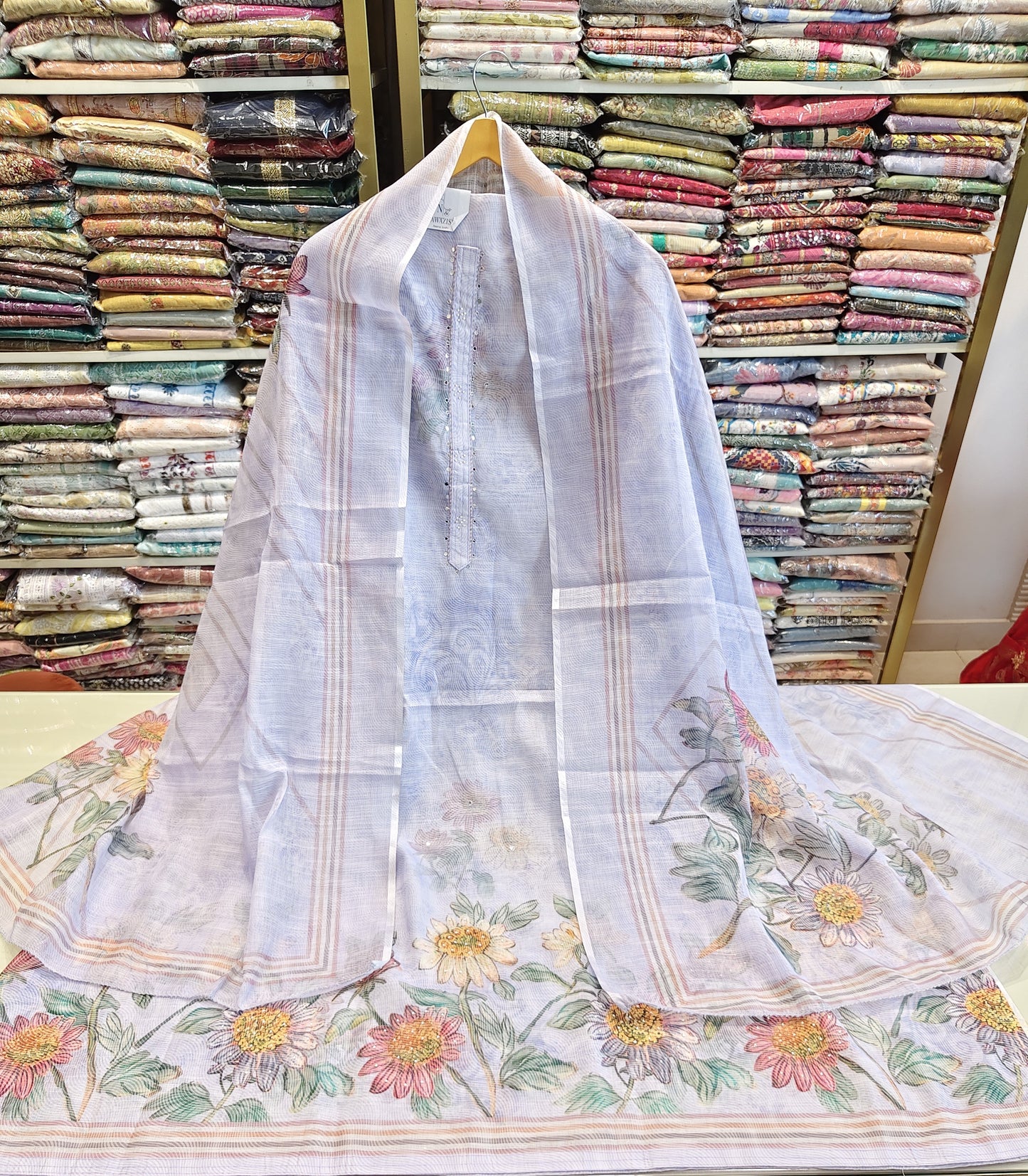 Linen Flower Print Unstitched Suit with Patch Work