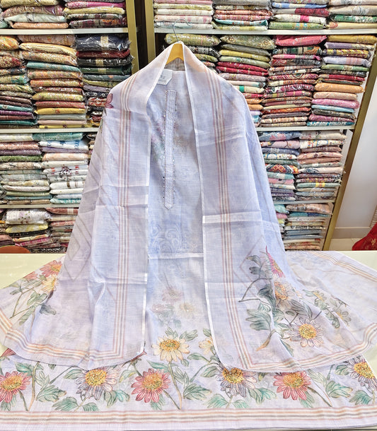 Linen Flower Print Unstitched Suit with Patch Work