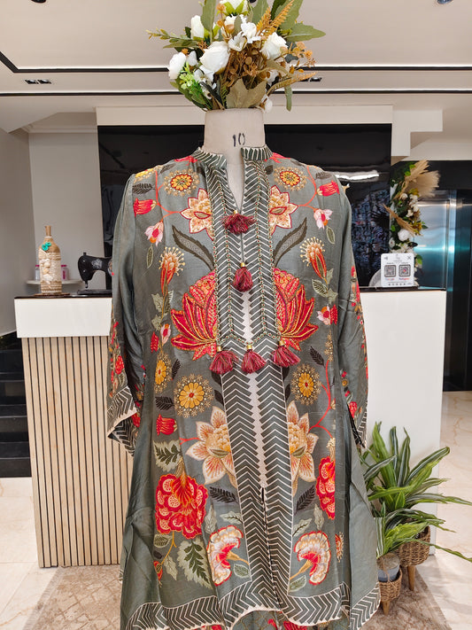 Mehndi Green Crape Printed Co-Ord Set with Patch Work