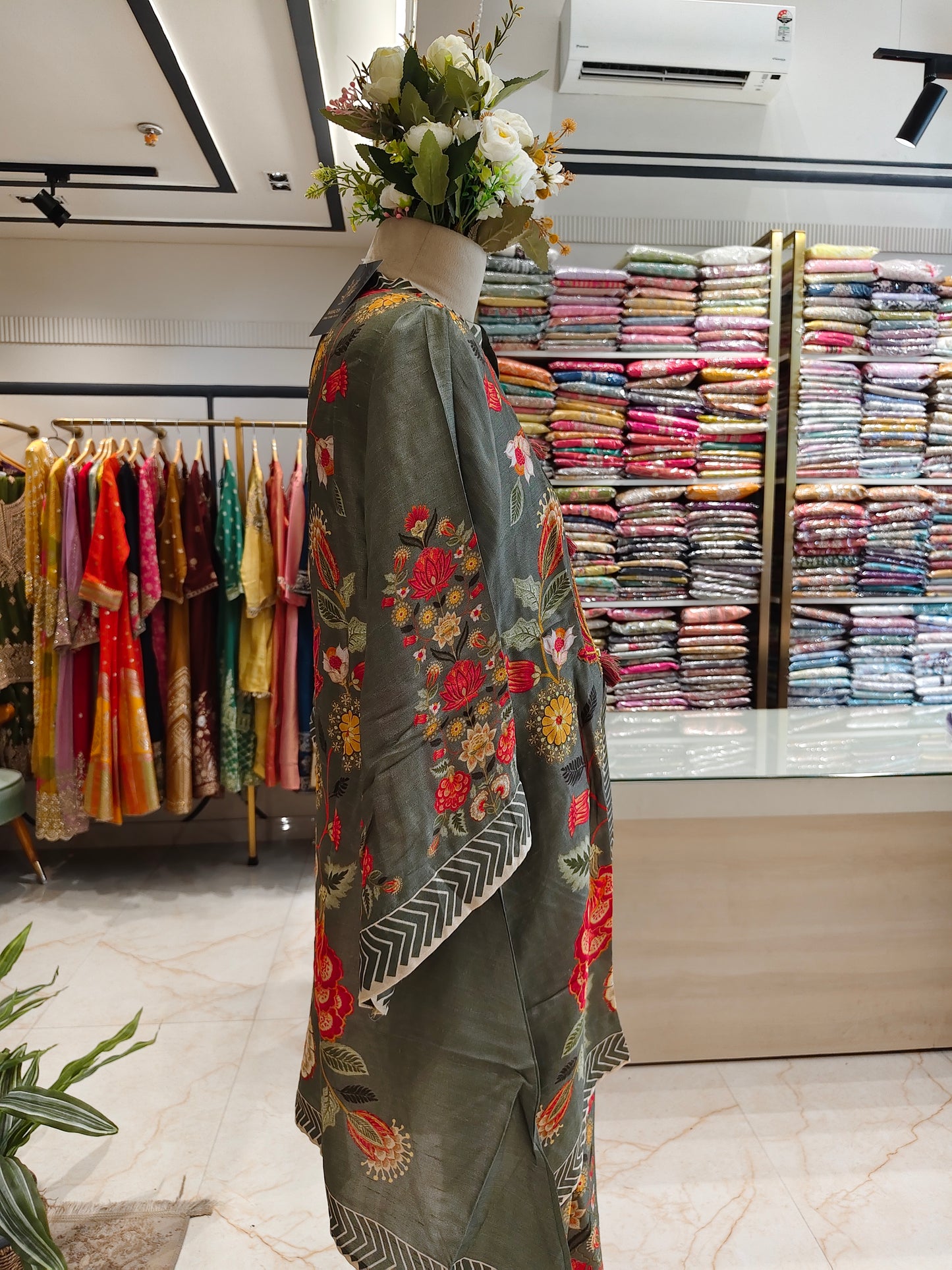 Mehndi Green Crape Printed Co-Ord Set with Patch Work