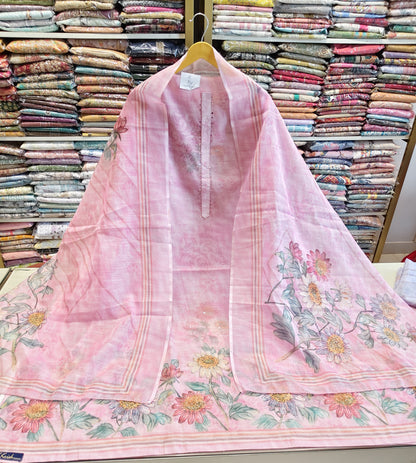 Linen Flower Print Unstitched Suit with Patch Work