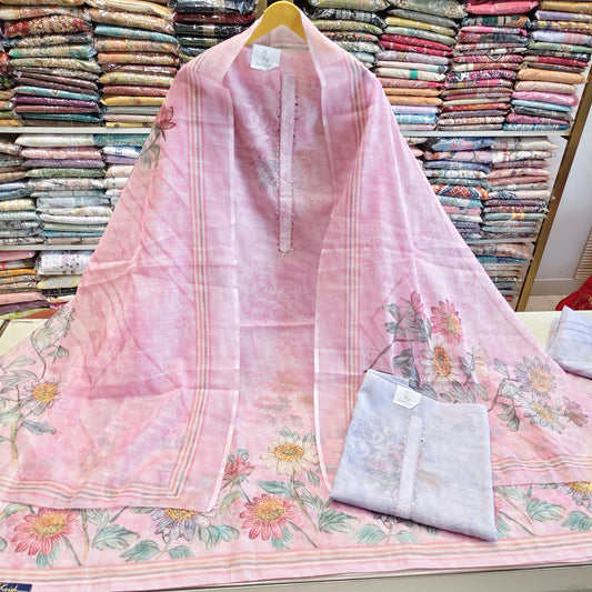 Linen Flower Print Unstitched Suit with Patch Work