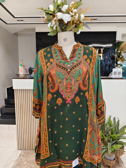 Bottle Green Crape Co-Ord Set with Knot & Pull Work