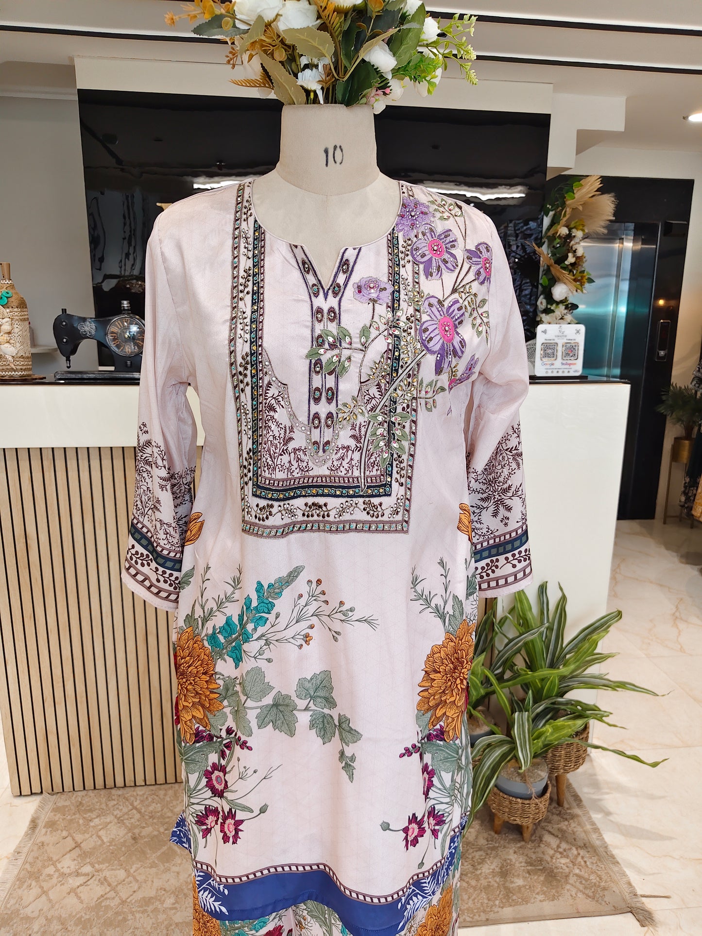 Peach Crape Printed Co-Ord Set with Stone Work
