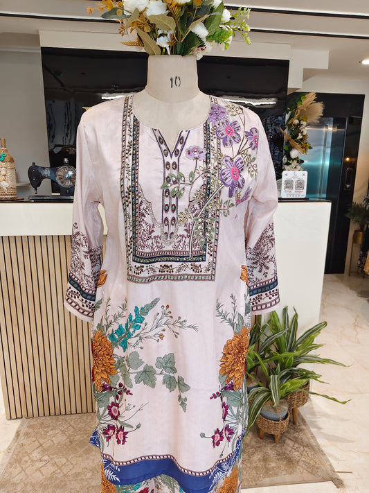 Peach Crape Printed Co-Ord Set with Stone Work
