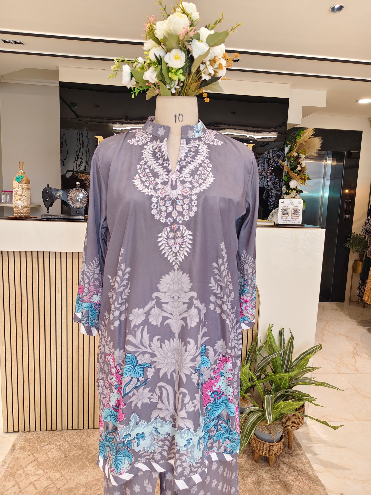 Grey Crape Printed Co-Ord Set with Stone Work