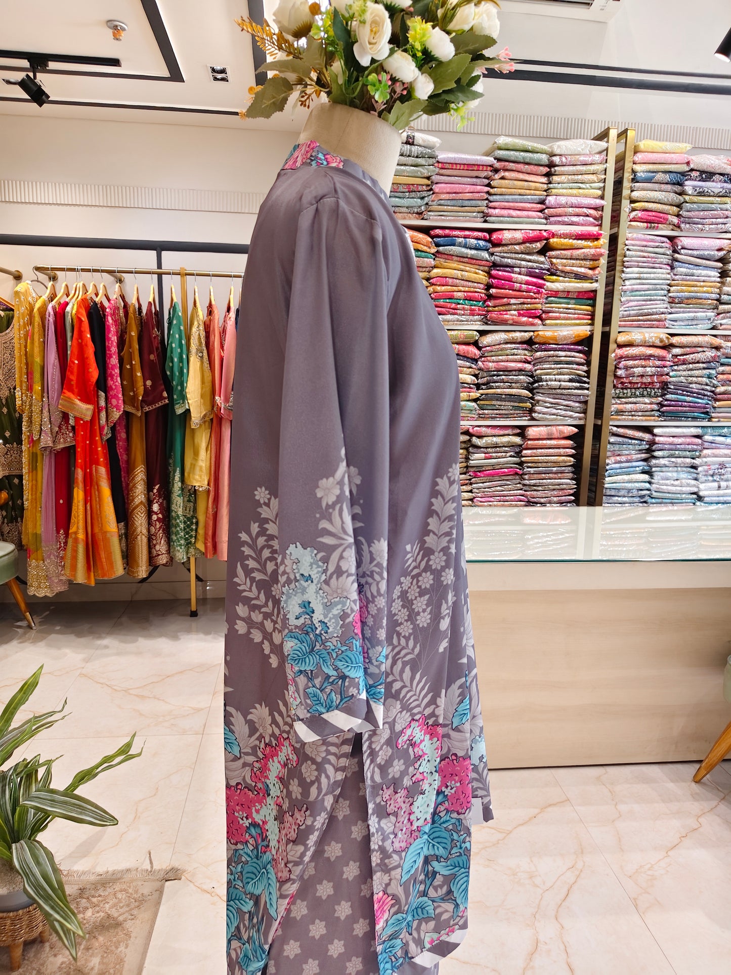 Grey Crape Printed Co-Ord Set with Stone Work