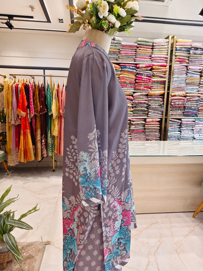 Grey Crape Printed Co-Ord Set with Stone Work