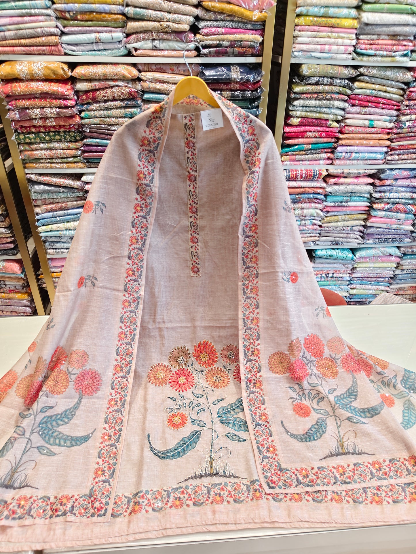 Chanderi Printed Unstitched Suit with Knot Work