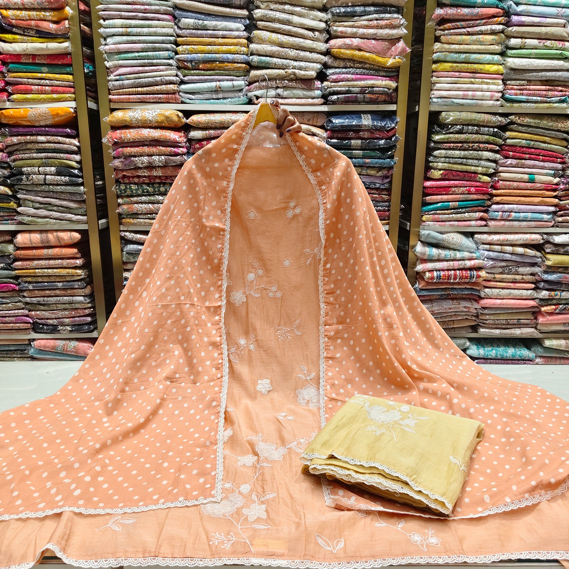 Mul Unstitched Suit Set
Applique Work Mul Suit
Cotton Bottom Suit Material
Polka Dot Dupatta Suit
Women's Ethnic Mul Wear