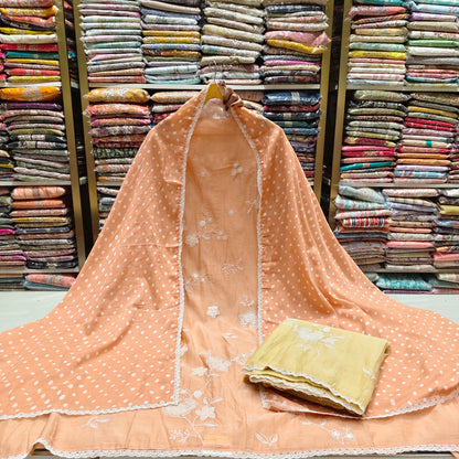Mul Unstitched Suit Set
Applique Work Mul Suit
Cotton Bottom Suit Material
Polka Dot Dupatta Suit
Women's Ethnic Mul Wear