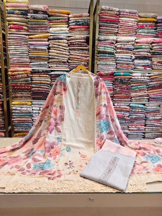 Linen Applique Work Suit
Unstitched Linen Suit Set
Designer Linen Dress Material
Floral Mul Dupatta Suit
Women's Ethnic Linen Wear