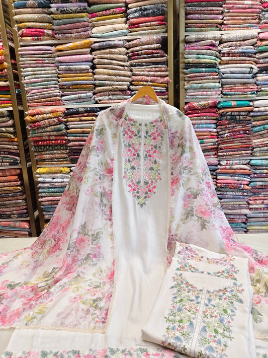 Muslin Handwork Suit
Unstitched Muslin Suit Set
Thread Work Designer Suit
Floral Dupatta Suit Material
Women's Ethnic Muslin Wear