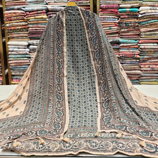 Ajrak Muslin Unstitched Suit with Knot Work