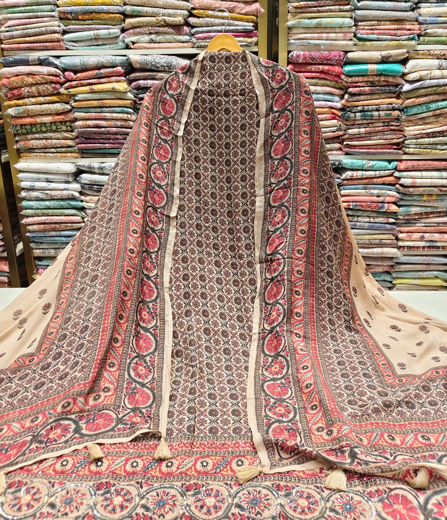 Ajrak Muslin Unstitched Suit with Knot Work