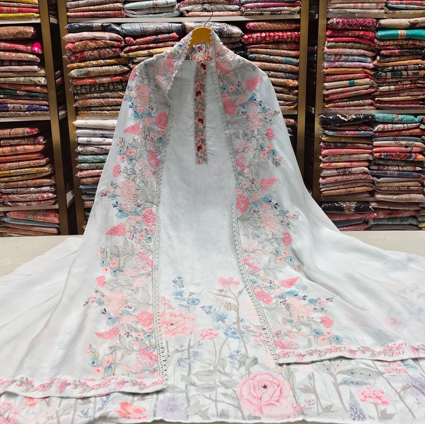 Floral Muslin Suit Set with Sequins & Knot Work