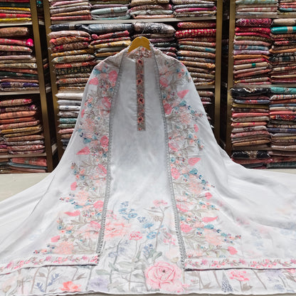 Floral Muslin Suit Set with Sequins & Knot Work