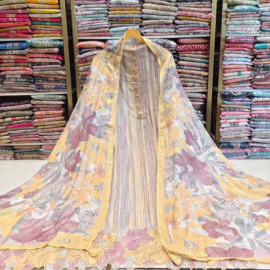 Floral Muslin Suit with Resham Neck Work