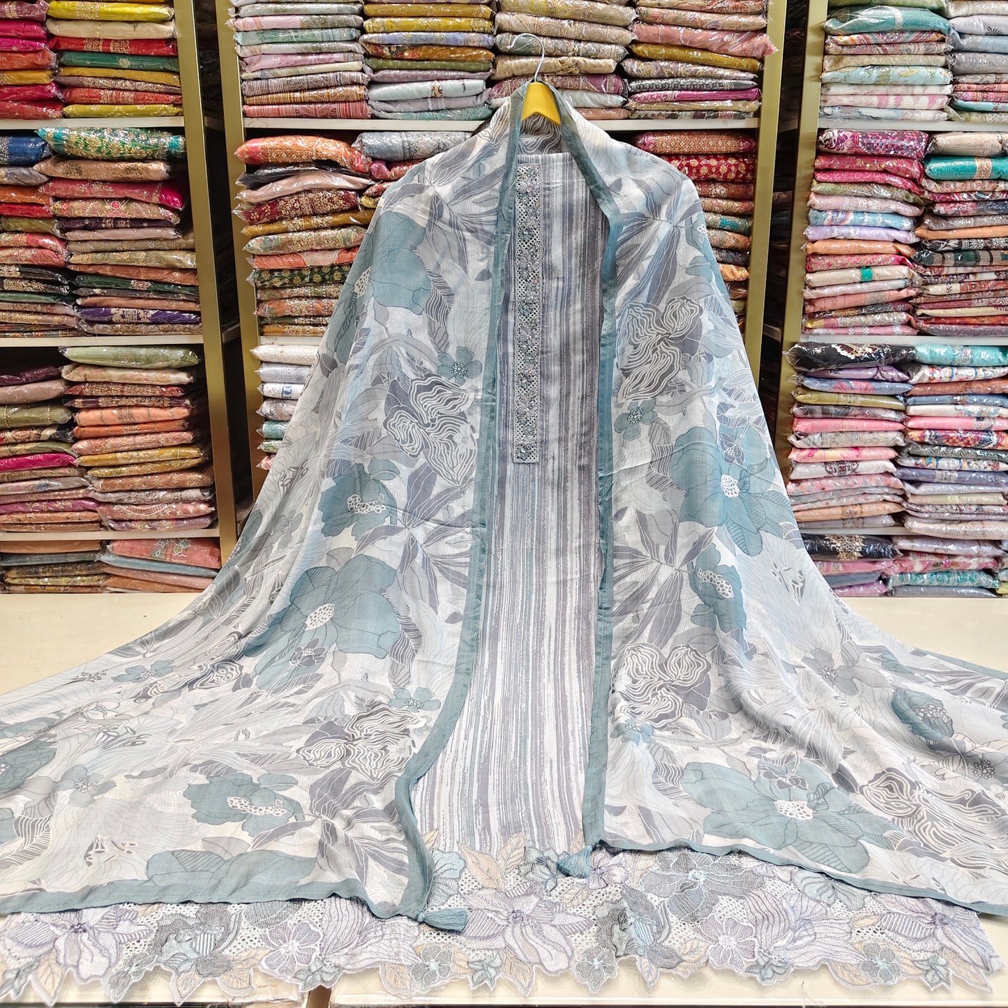 Floral Muslin Suit with Resham Neck Work