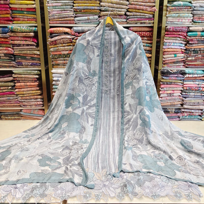 Floral Muslin Suit with Resham Neck Work