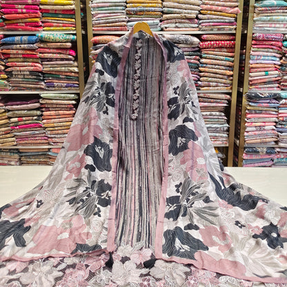 Floral Muslin Suit with Resham Neck Work