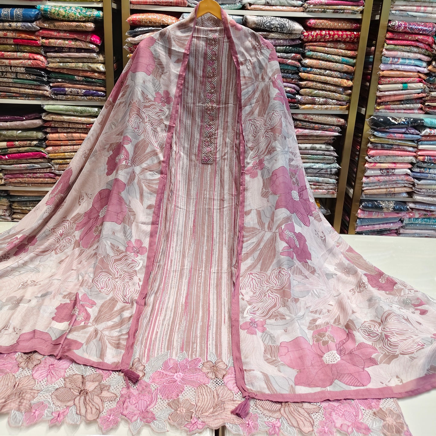 Floral Muslin Suit with Resham Neck Work