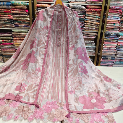 Floral Muslin Suit with Resham Neck Work