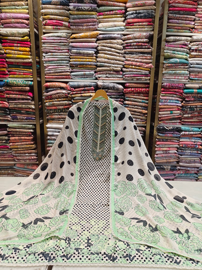 Muslin Dot Print Suit with Gota Work Neck
