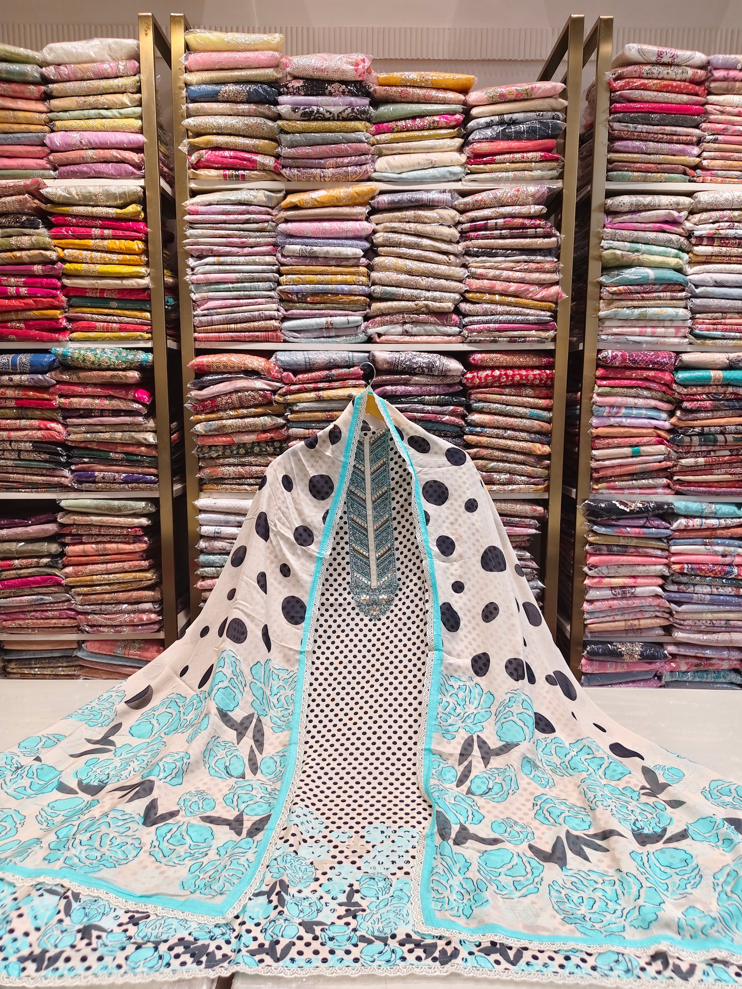 Muslin Dot Print Suit with Gota Work Neck